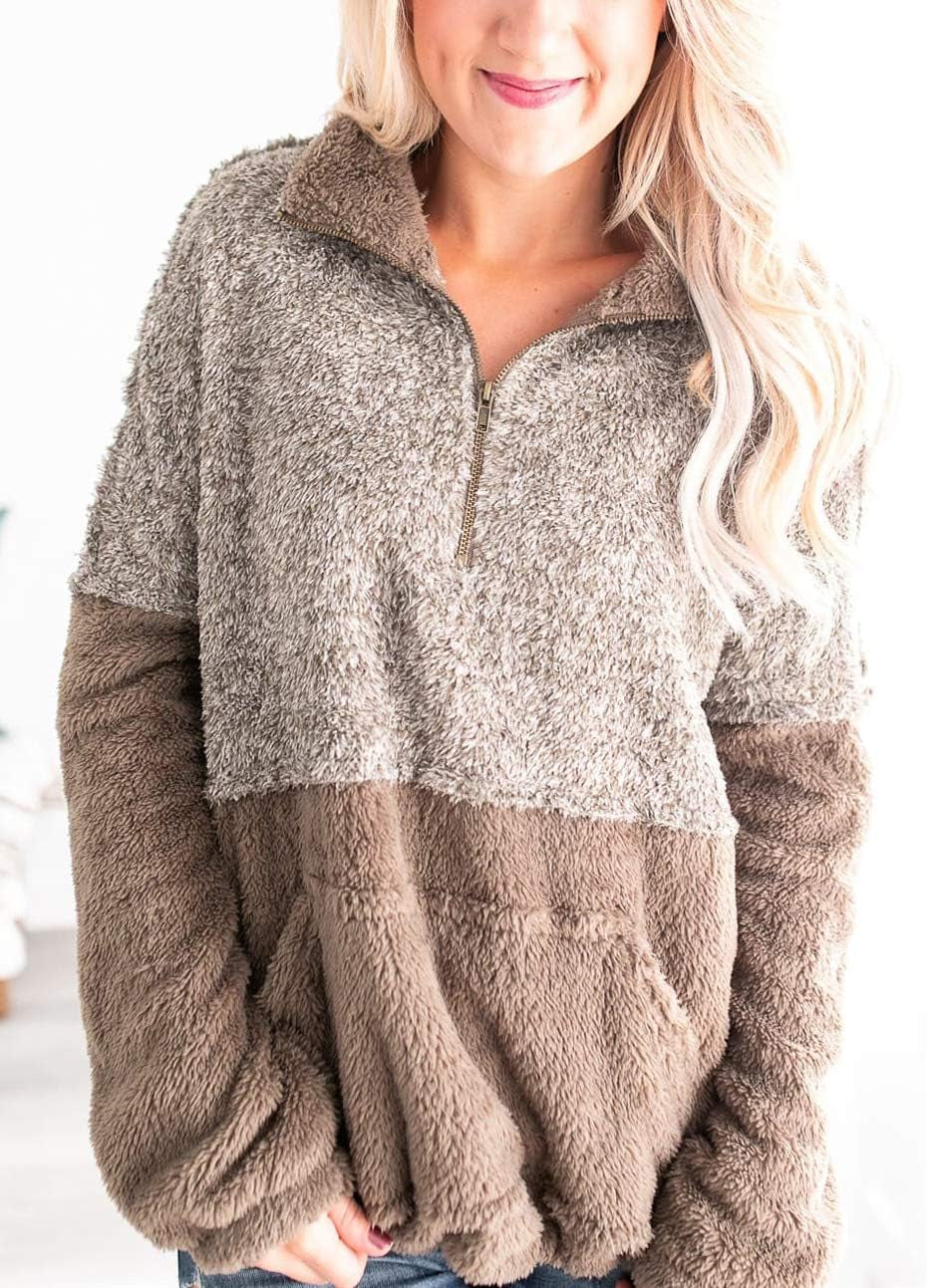 Women'S Long Sleeve Contrast Color Zipper Sherpa Pile Pullover Tops Fleece Sweatshirt