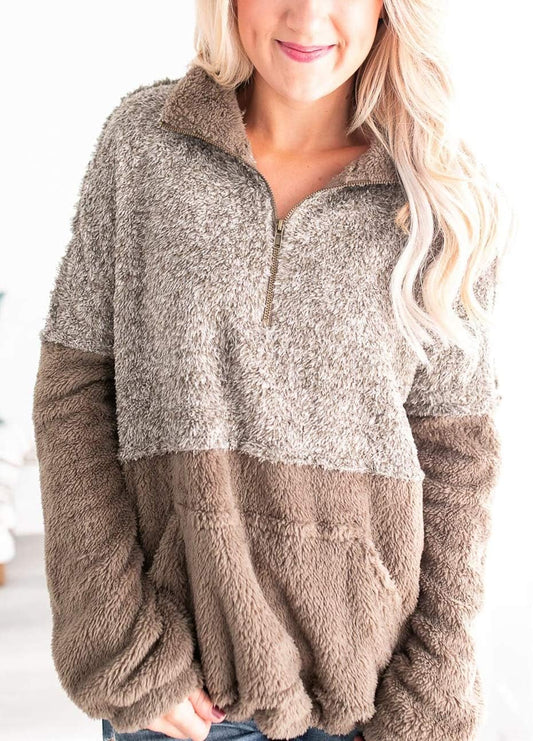 Women'S Long Sleeve Contrast Color Zipper Sherpa Pile Pullover Tops Fleece Sweatshirt