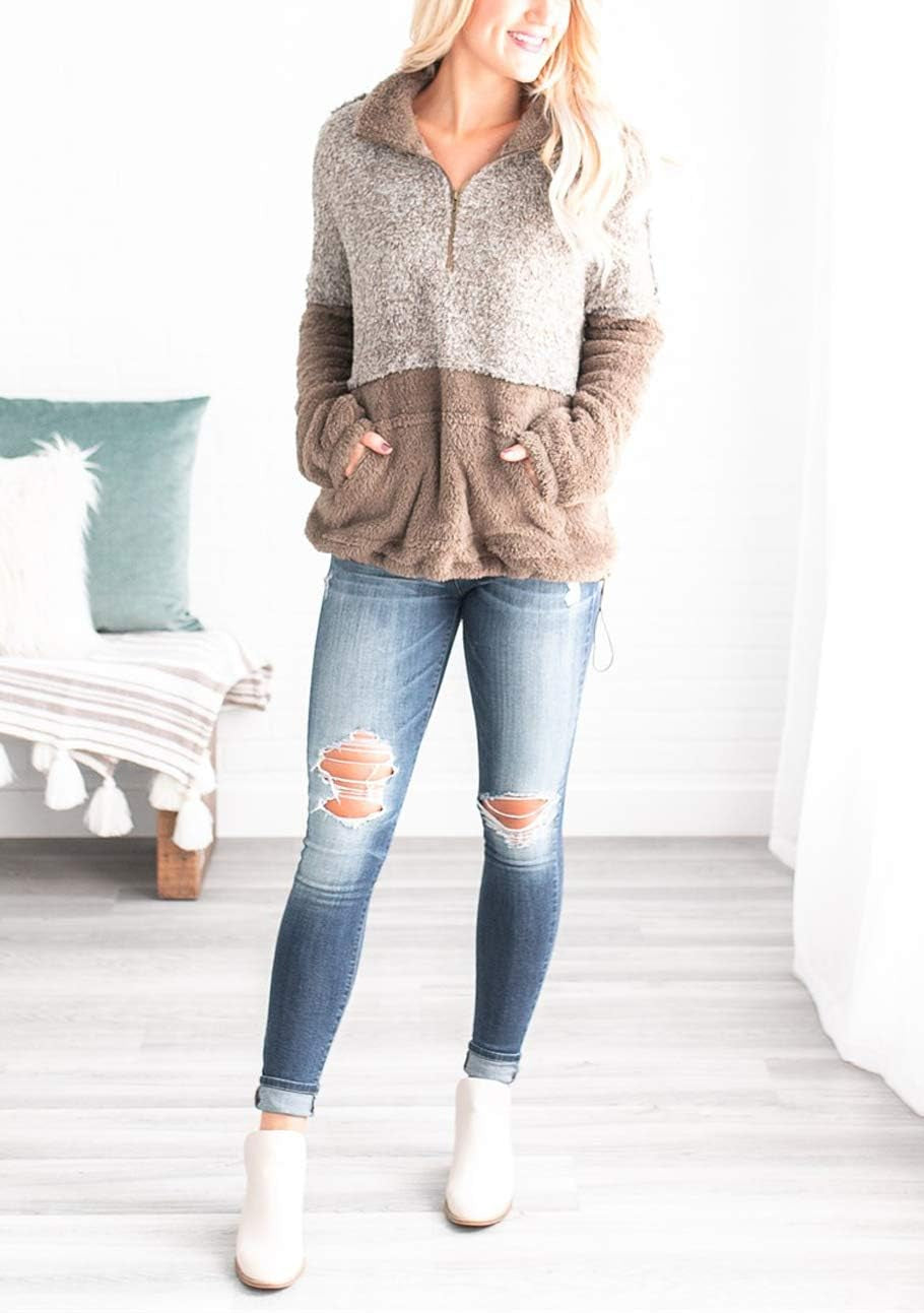 Women'S Long Sleeve Contrast Color Zipper Sherpa Pile Pullover Tops Fleece Sweatshirt