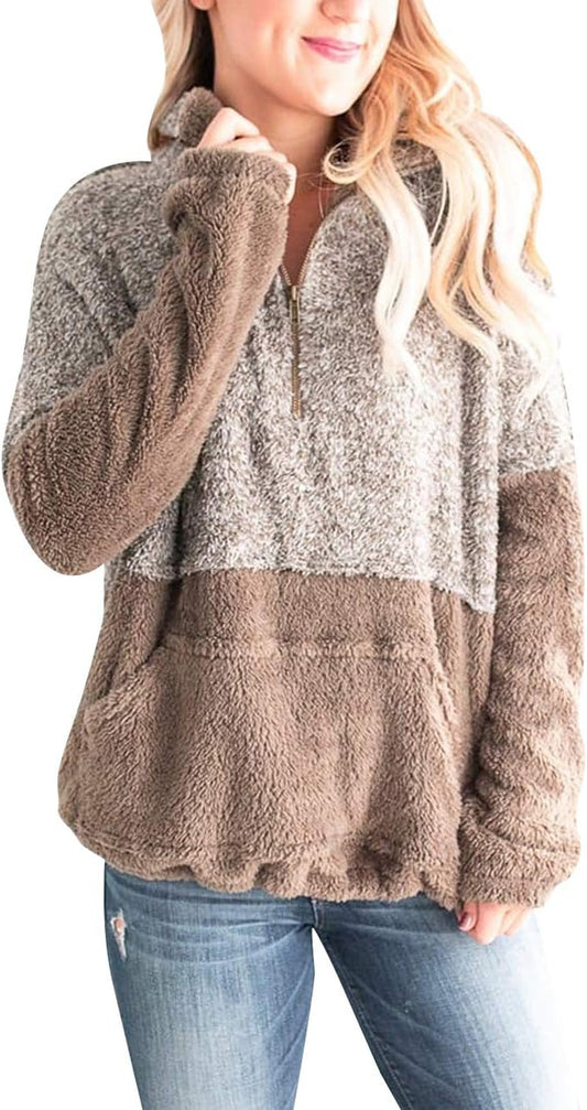 Women'S Long Sleeve Contrast Color Zipper Sherpa Pile Pullover Tops Fleece Sweatshirt