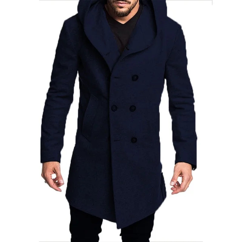 Spring Autumn Men'S Woolen Blends Warm Casual Hooded Coat Men'S Double-Breasted Trench British Style Slim Solid Overcoats