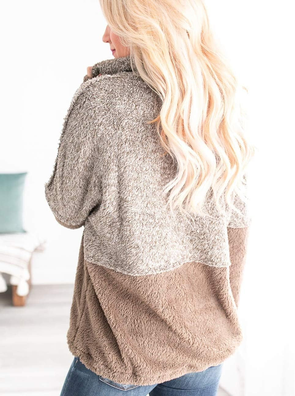 Women'S Long Sleeve Contrast Color Zipper Sherpa Pile Pullover Tops Fleece Sweatshirt
